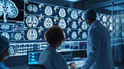 Fototapeta premium Doctors in a high-tech room analyze 3D MRI brain scans, collaborating to diagnose and plan treatments.