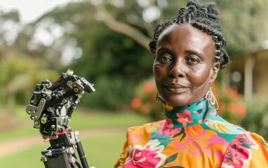 Fototapeta premium A candid portrait of a black woman with a prosthetic arm, standing confidently outdoors in a garden setting