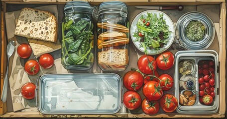 lunch box with sandwich, vegetables, and tomato on table. Healthy eating habits concept.