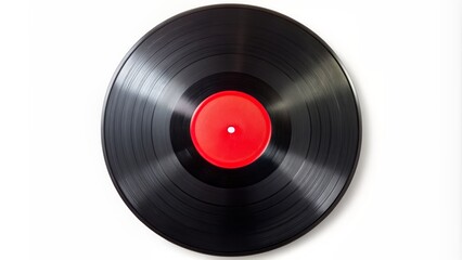 Retro style vinyl record with bright red label and black grooves on a white background isolated on a gradient.