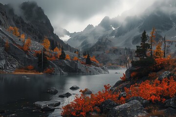 A stunning autumn landscape of a rocky mountain lake, surrounded by dark, moody tones, with vibrant