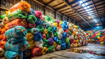 Fototapeta premium Numerous colorful plastic waste bags piled high on wooden pallets in a warehouse or industrial storage facility awaiting disposal.