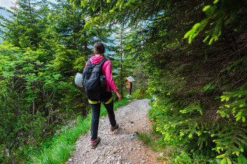 Obraz premium Hiker with Backpack Walking Along a Hiking Path