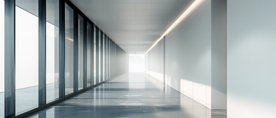 Corridor in a coworking center, minimalistic interior, clean design, this is a mockup for a logo on the wall, big empty space.Generative AI