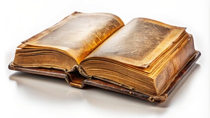Old worn leather-bound book lies open on transparent background, revealing yellowed pages with elegant serif font and subtle shadows.
