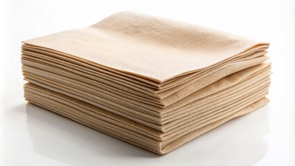 Neutral beige paper napkin stack with clean edges and crisp folds providing ample copy space for logo or graphic design.