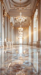Fototapeta premium Modern luxurious palace interior with no people, lightly blurred, advertising, background, wallpaper, space for text