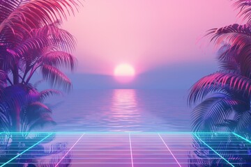 Naklejka premium Retrowave tropical beach landscape summer outdoors scenery.
