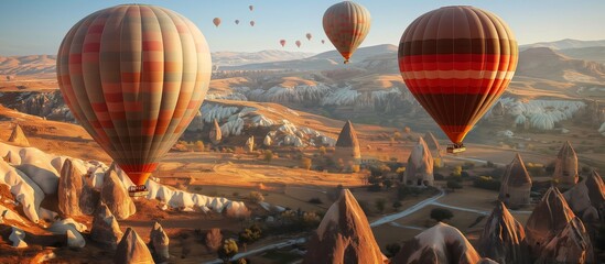 Obraz premium Vibrant hot air balloons floating above the moon-like landscape of Cappadocia with its iconic fairy chimneys. full ultra hd high resolution stunning crisp vivid detailed high-contrast colorful