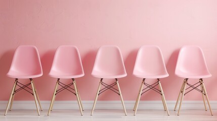 Join our team concept image with chairs to welcome potential newcomers inside the company and recruit them with pink message Join our team on the wall