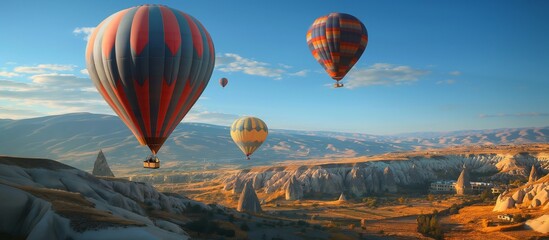 Obraz premium Vibrant hot air balloons floating above the moon-like landscape of Cappadocia with its iconic fairy chimneys. full ultra hd high resolution stunning crisp vivid detailed high-contrast colorful 