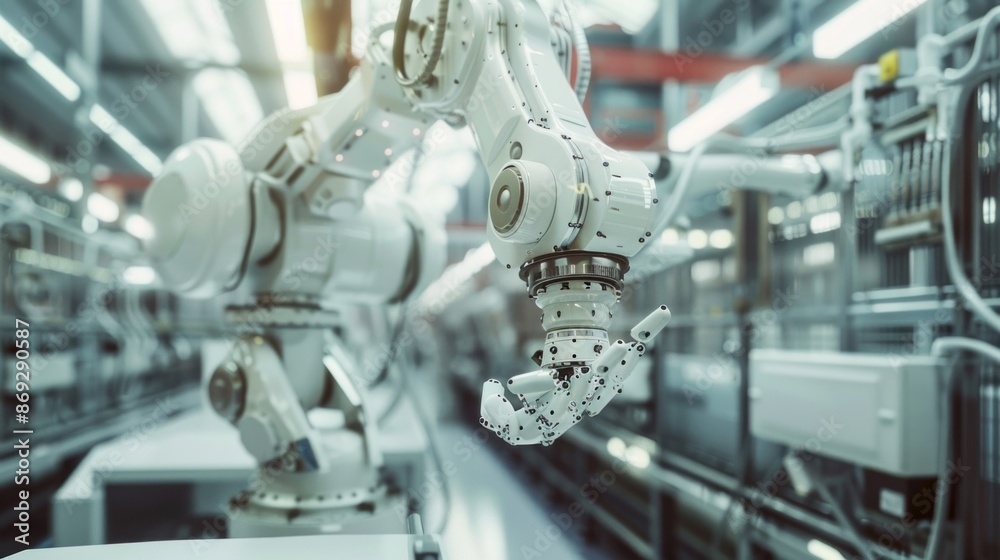 Poster a close-up view of a robotic arm in a modern factory. the arm is white and has a complex design. it 