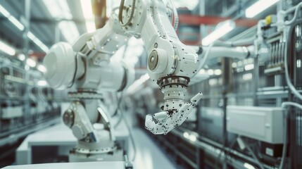 A close-up view of a robotic arm in a modern factory. The arm is white and has a complex design. It is reaching out to a blurry background, hinting at an industrial setting