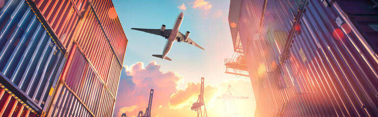 A cargo plane flies high above stacked cargo containers at a shipping port, with the sun setting in the background