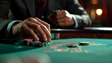 A close-up of a players hand placing chips on a roulette table in a casino at night