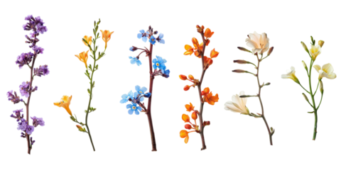 Set of beautiful Twig with small colorful flowers and leaves isolated on background, spring meadow for decoration.