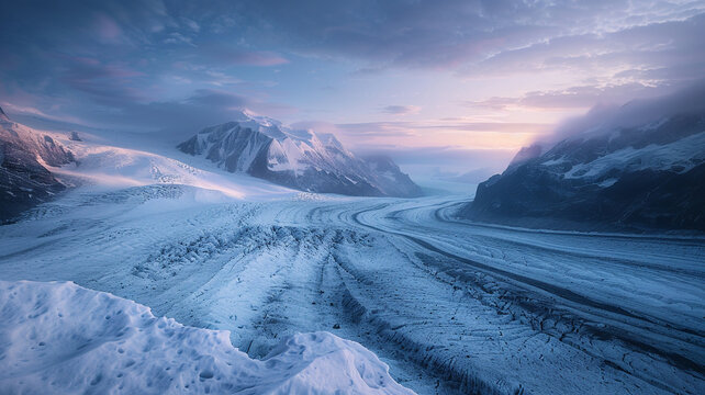 A tranquil glacial valley at dusk, illuminated by the soft glow of the setting sun