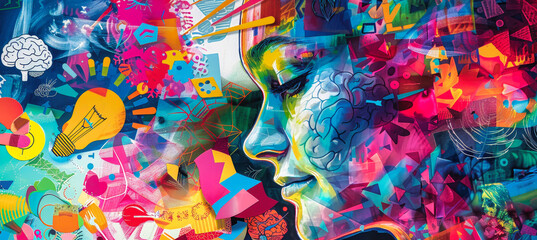 A colorful collage featuring an abstract portrait of a person, showcasing bursts of bright hues and a dynamic composition that evokes a sense of creativity and imagination