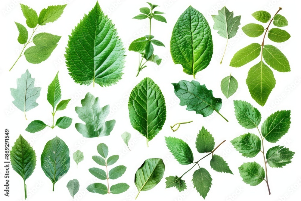 Poster A collection of various green leaves on a clean white background, ideal for use in designs and projects where natural elements are required