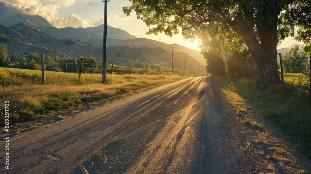 Poster A rural landscape with a dirt road running through a green field, ideal for use as a background or to depict a rustic setting
