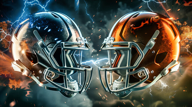 Two football helmets, one silver and one orange, face each other in a dramatic clash, surrounded by swirling sparks and lightning