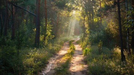 Obraz premium A winding dirt road in the midst of a dense forest, suitable for outdoor adventure scenes or rural settings