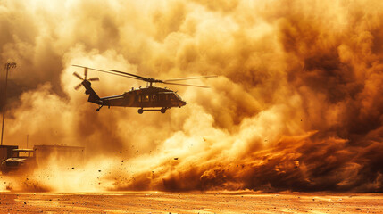 A black military helicopter flies through a swirling cloud of sand and dust in a desert landscape