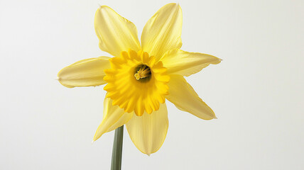 Obraz premium A yellow daffodil, viewed from an angle that shows both petals and stem against a white background