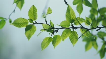A natural scene featuring a branch with green leaves