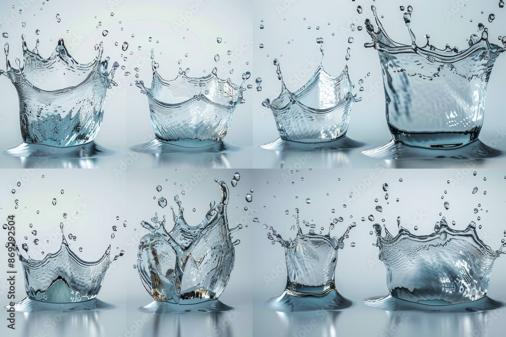 Poster A series of photos showing the splash of water in various forms, suitable for use in illustrations and designs related to water, nature, and movement