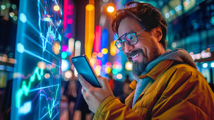 Fototapeta premium Man in city at night, smiling at phone screen showing stock data