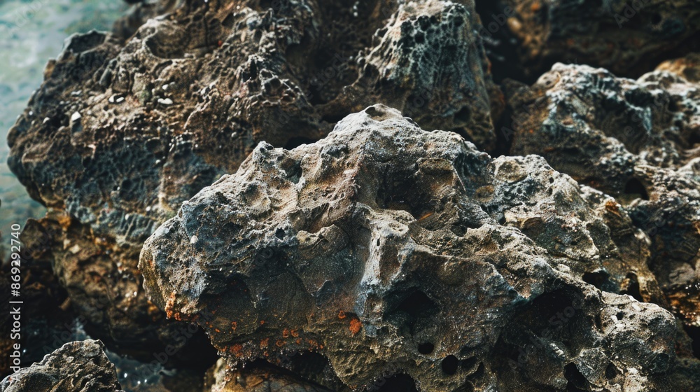 Poster a close-up view of a rock with holes, suitable for use in images about nature, geology or architectu