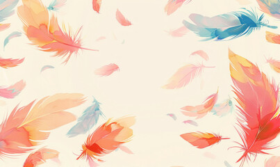 Fototapeta premium Feathers flying in the air against a light background, resembling digital art wallpaper.
