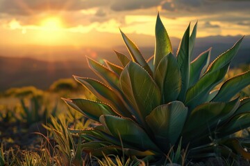 A plant stands tall in a sunny field as the sun sets in the background