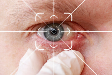 Eye monitoring and eye man scan. Biometric scan of male eyes close up.