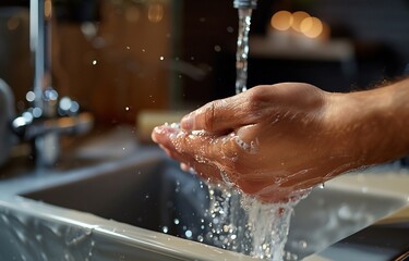 Washing Hands in Sink with Water and Soap Bubbles