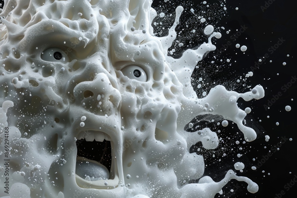 Poster a close-up view of a face made entirely of milk, with no context or surroundings