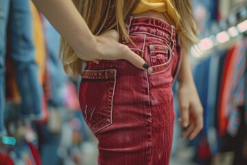Obraz premium A woman stands in front of a rack of clothes, possibly shopping or trying on outfits