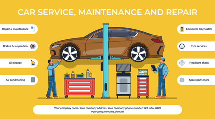 Car service, maintenance and repair concept illustration. A team of auto mechanics checks and maintains a car on a lift in a service workshop. Vector illustration with the set of auto service icons.