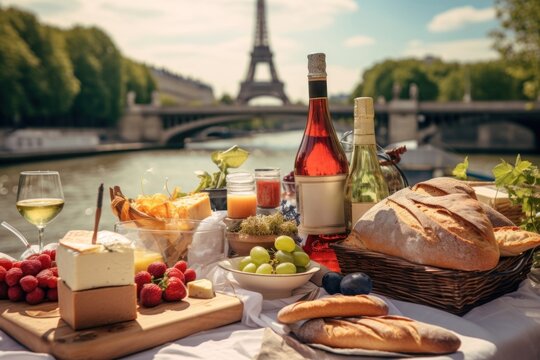 Paris Seine River picnic outdoors brunch bread.