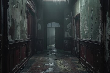 A dimly lit hallway with a beam of light coming from an open window