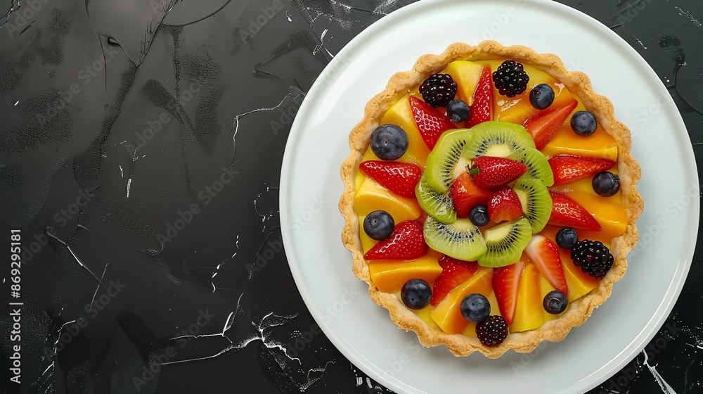 Canvas Prints Fruit tart on a white plate, with a dark background.