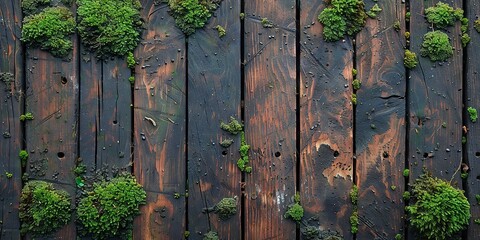 Weathered Wooden Boards with Lush Green Moss Accents
