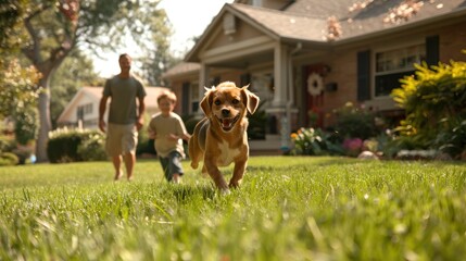 A man and a boy are playing with a dog in a grassy yard