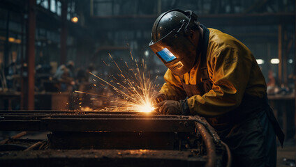 Metal welder professional works production of metal structures, Generative AI illustration