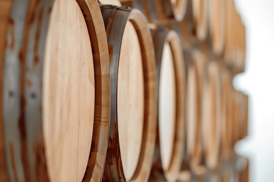 A close up of a wooden barrel. The barrel is made of oak and has a metal hoop around it. The barrel is used to store wine.