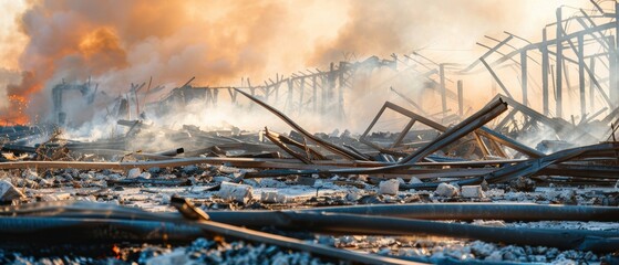 Collapsed structure with smoking ruins, building fire, structural danger
