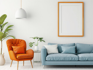 Modern living room showcasing Scandinavian design with a blue sofa, orange lounge chair, and white wall art frame. Perfect for stylish and contemporary home decor visuals.