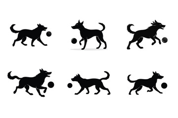 Black dog playing with a ball silhouette vector art illustration