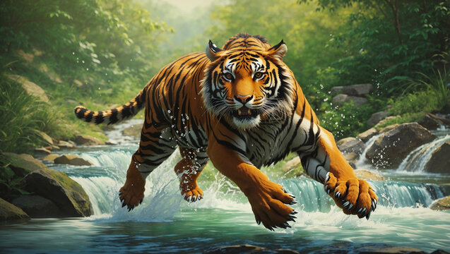 a tiger leaping over a small waterfall 
